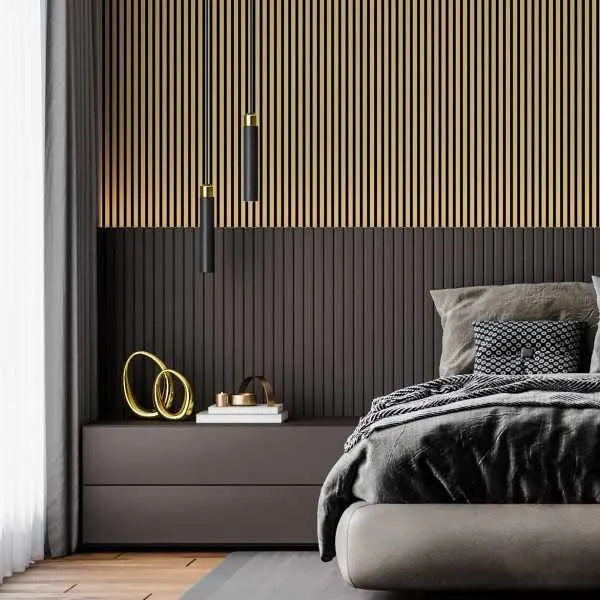 Acoustic Slatted Wall Panels Golden in bedroom interior DecorMania.eu